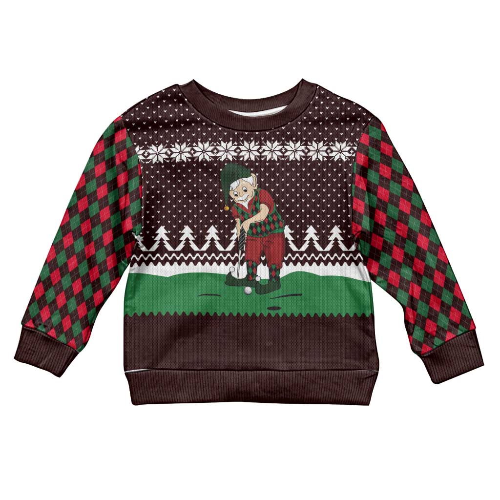 Christmas Golf Kid Ugly Christmas Sweater with Elf Golfer Argyle Plaid and Snowflake Pattern - Wonder Print Shop