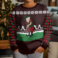 Christmas Golf Kid Ugly Christmas Sweater with Elf Golfer Argyle Plaid and Snowflake Pattern - Wonder Print Shop