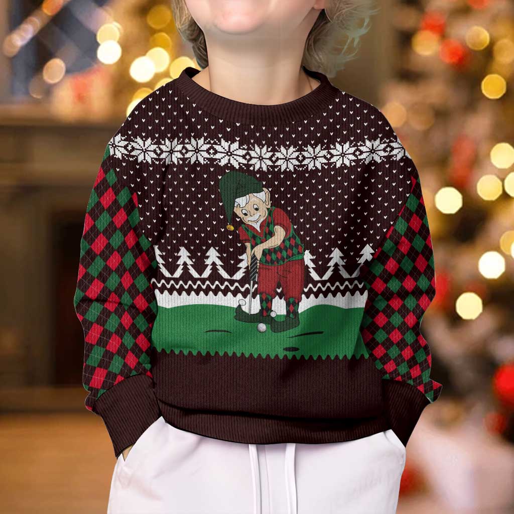 Christmas Golf Kid Ugly Christmas Sweater with Elf Golfer Argyle Plaid and Snowflake Pattern - Wonder Print Shop