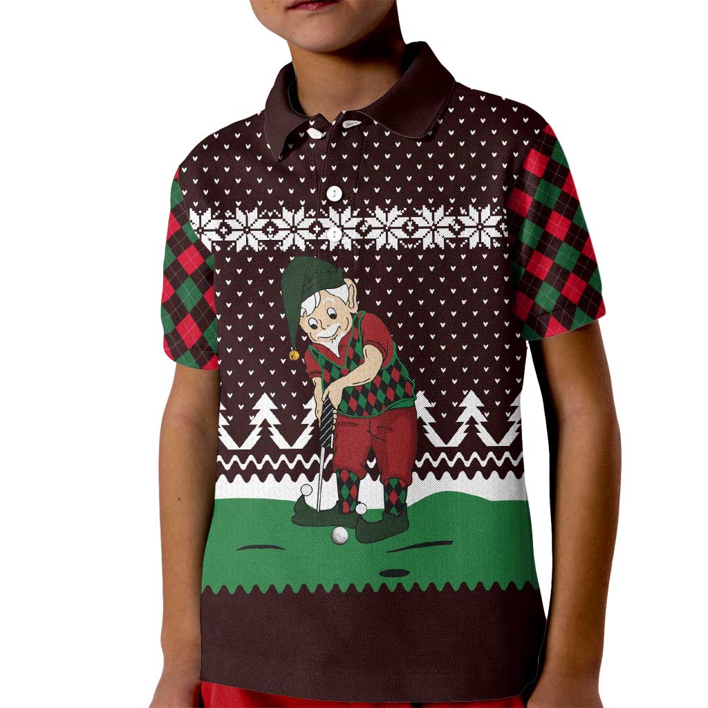 Christmas Golf Kid Polo Shirt with Elf Golfer Argyle Plaid and Snowflake Pattern - Wonder Print Shop