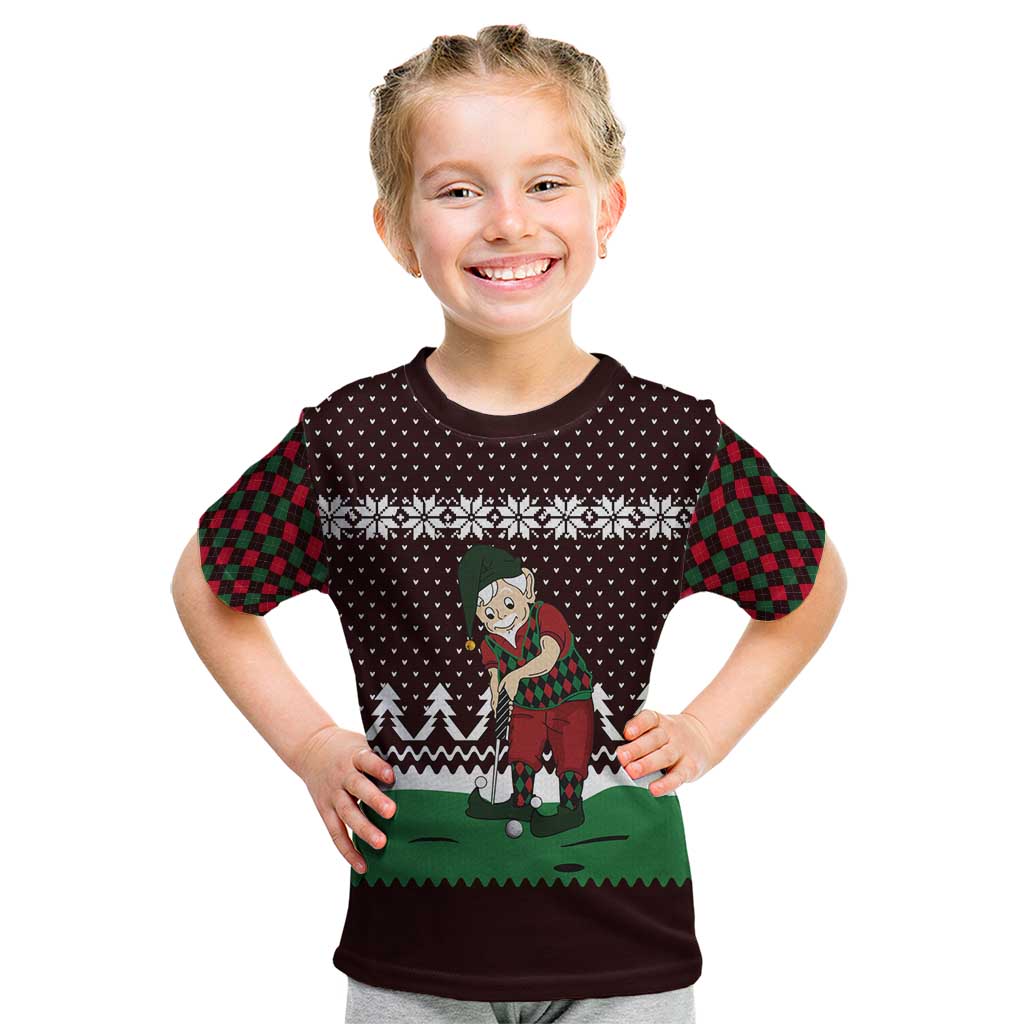 Christmas Golf Kid T Shirt with Elf Golfer Argyle Plaid and Snowflake Pattern - Wonder Print Shop