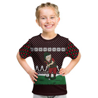 Christmas Golf Kid T Shirt with Elf Golfer Argyle Plaid and Snowflake Pattern - Wonder Print Shop