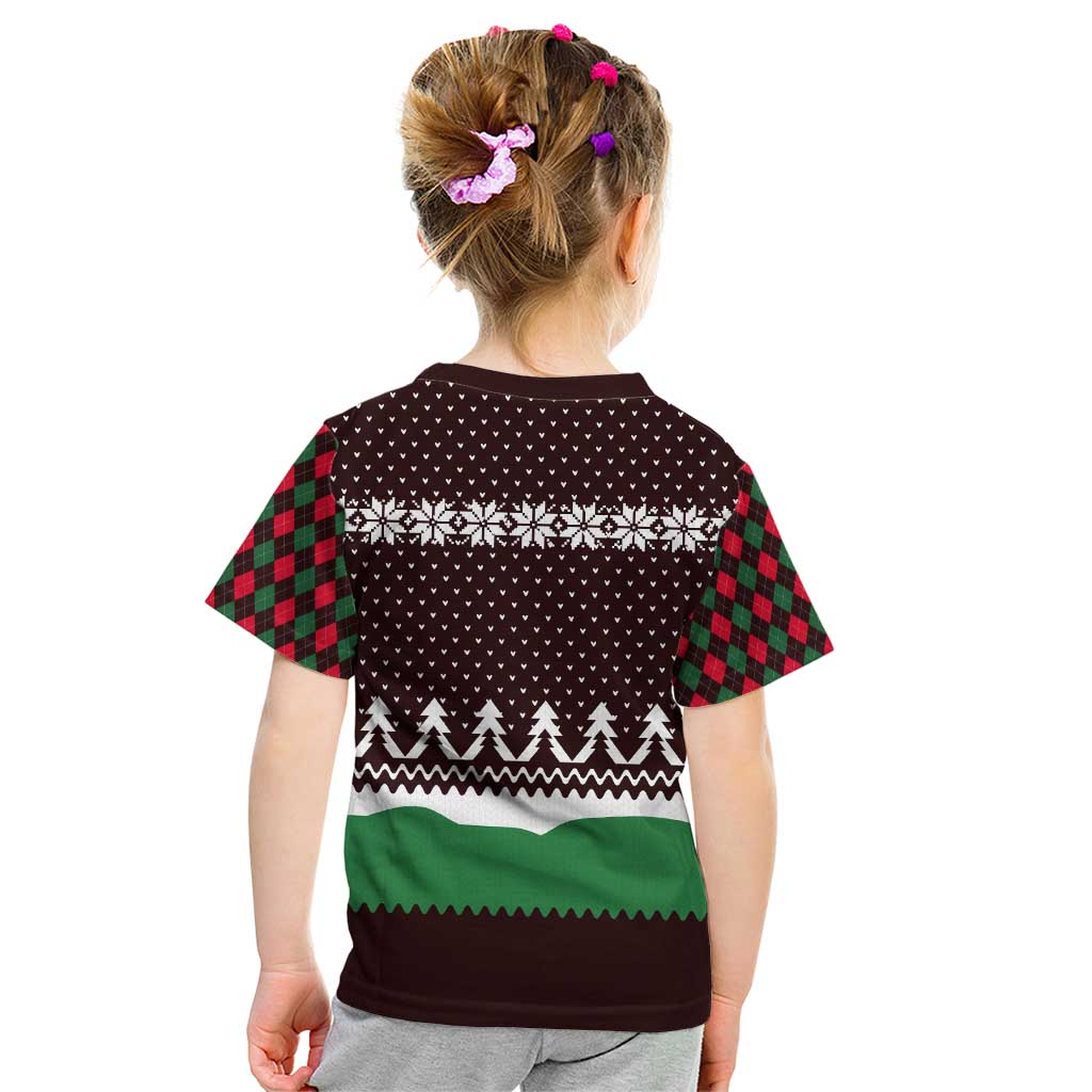 Christmas Golf Kid T Shirt with Elf Golfer Argyle Plaid and Snowflake Pattern - Wonder Print Shop