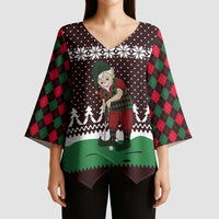 Christmas Golf Kimono Sleeve Blouse with Elf Golfer Argyle Plaid and Snowflake Pattern - Wonder Print Shop