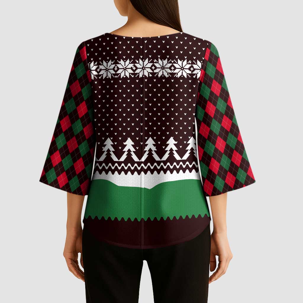 Christmas Golf Kimono Sleeve Blouse with Elf Golfer Argyle Plaid and Snowflake Pattern - Wonder Print Shop