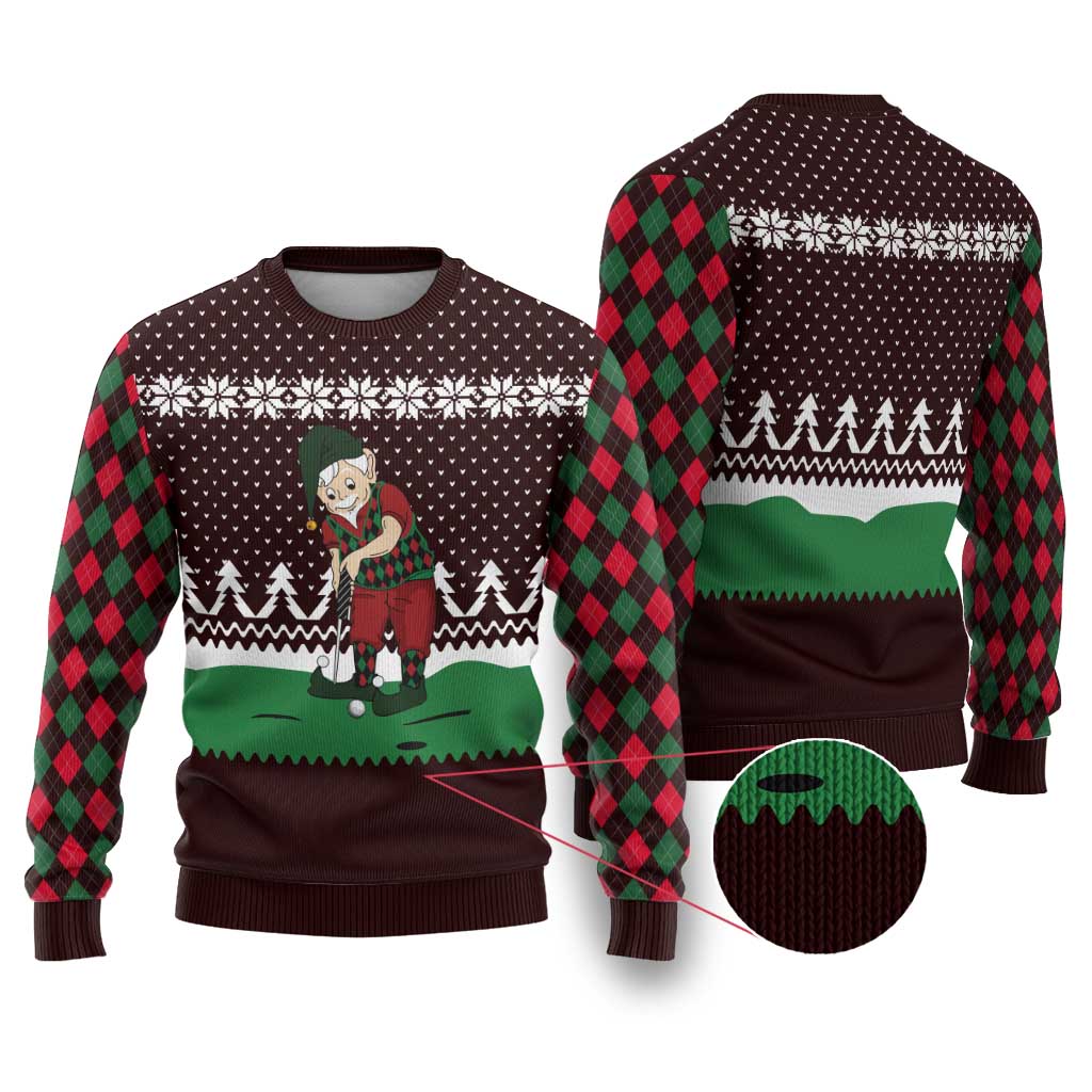 Christmas Golf Ugly Christmas Sweater with Elf Golfer Argyle Plaid and Snowflake Pattern - Wonder Print Shop