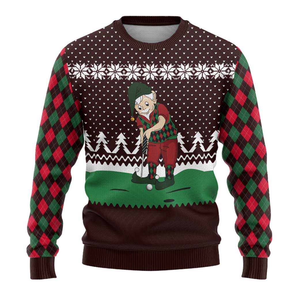 Christmas Golf Ugly Christmas Sweater with Elf Golfer Argyle Plaid and Snowflake Pattern - Wonder Print Shop