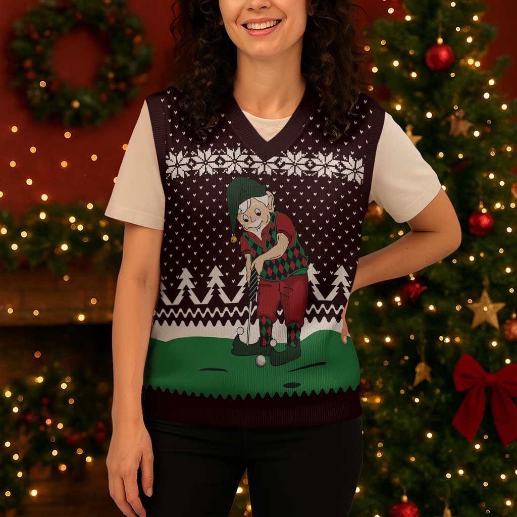 Christmas Golf Christmas Knitted V-Neck Vest with Elf Golfer Argyle Plaid and Snowflake Pattern - Wonder Print Shop