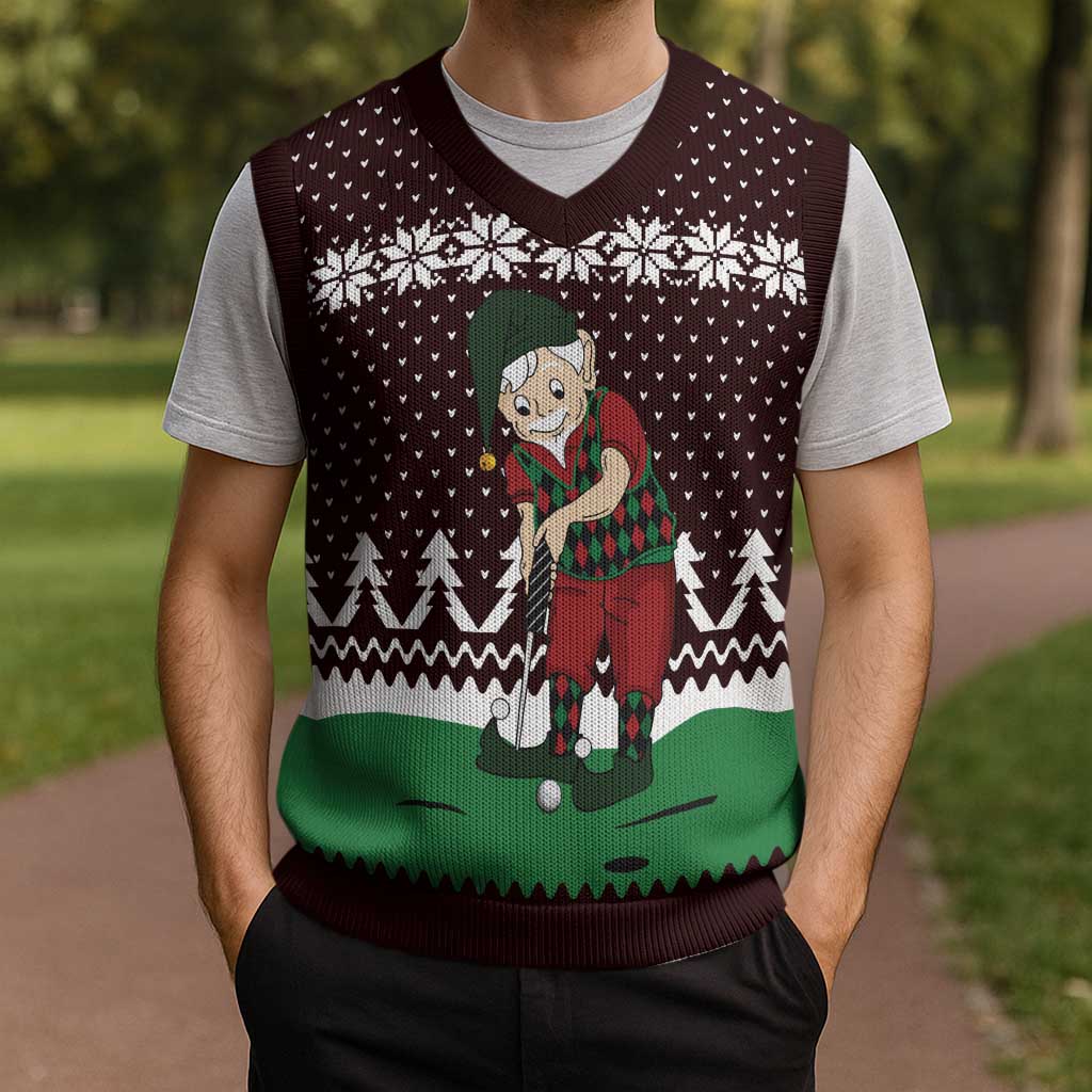 Christmas Golf Christmas Knitted V-Neck Vest with Elf Golfer Argyle Plaid and Snowflake Pattern - Wonder Print Shop