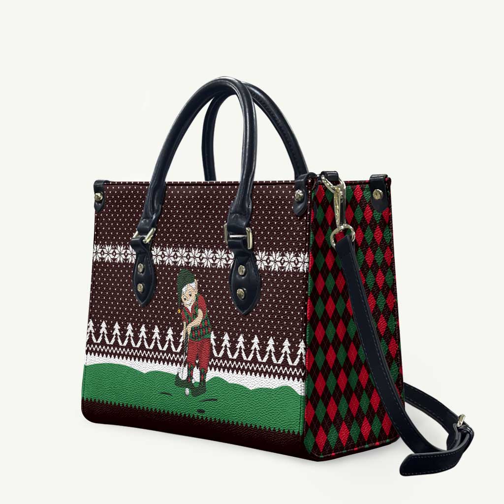 Christmas Golf Leather Bag with Elf Golfer Argyle Plaid and Snowflake Pattern - Wonder Print Shop