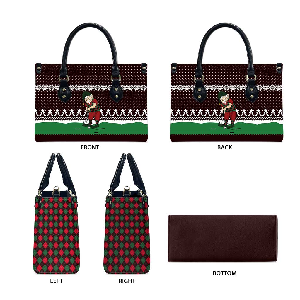 Christmas Golf Leather Bag with Elf Golfer Argyle Plaid and Snowflake Pattern - Wonder Print Shop