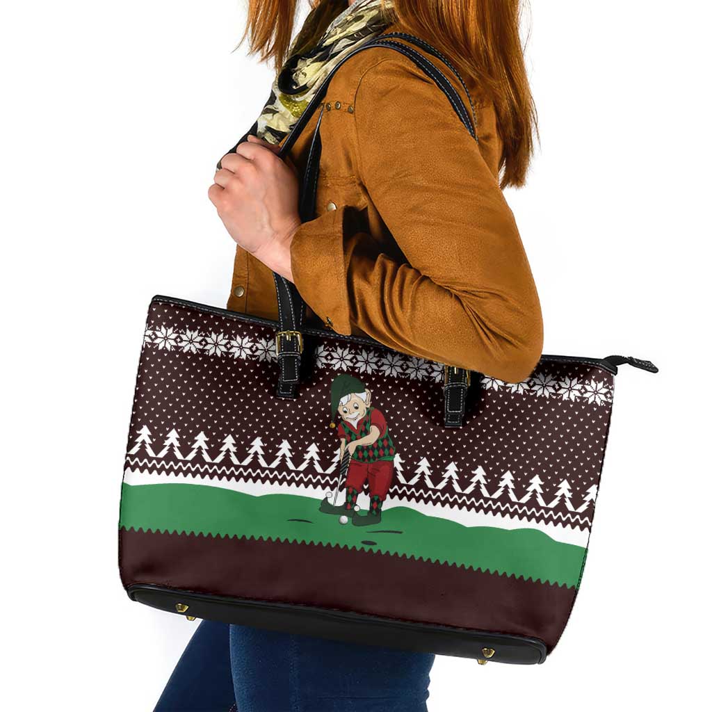 Christmas Golf Leather Tote Bag with Elf Golfer Argyle Plaid and Snowflake Pattern - Wonder Print Shop