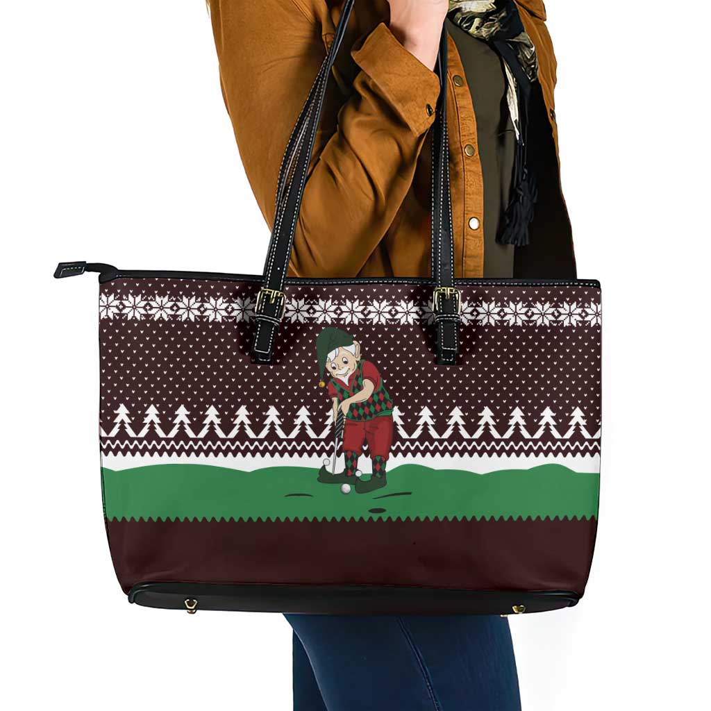 Christmas Golf Leather Tote Bag with Elf Golfer Argyle Plaid and Snowflake Pattern - Wonder Print Shop