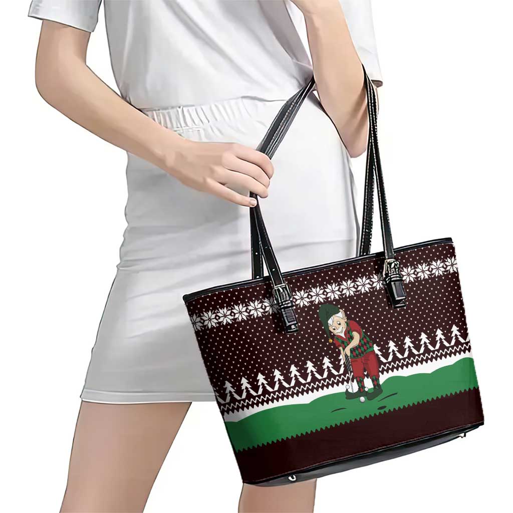 Christmas Golf Leather Tote Bag with Elf Golfer Argyle Plaid and Snowflake Pattern - Wonder Print Shop