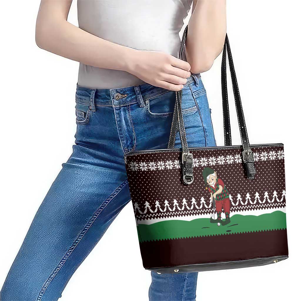 Christmas Golf Leather Tote Bag with Elf Golfer Argyle Plaid and Snowflake Pattern - Wonder Print Shop