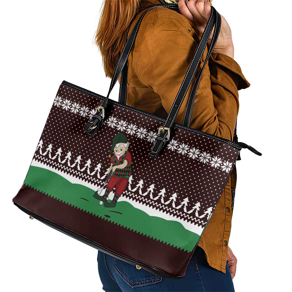 Christmas Golf Leather Tote Bag with Elf Golfer Argyle Plaid and Snowflake Pattern - Wonder Print Shop