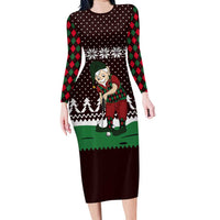 Christmas Golf Long Sleeve Bodycon Dress with Elf Golfer Argyle Plaid and Snowflake Pattern - Wonder Print Shop