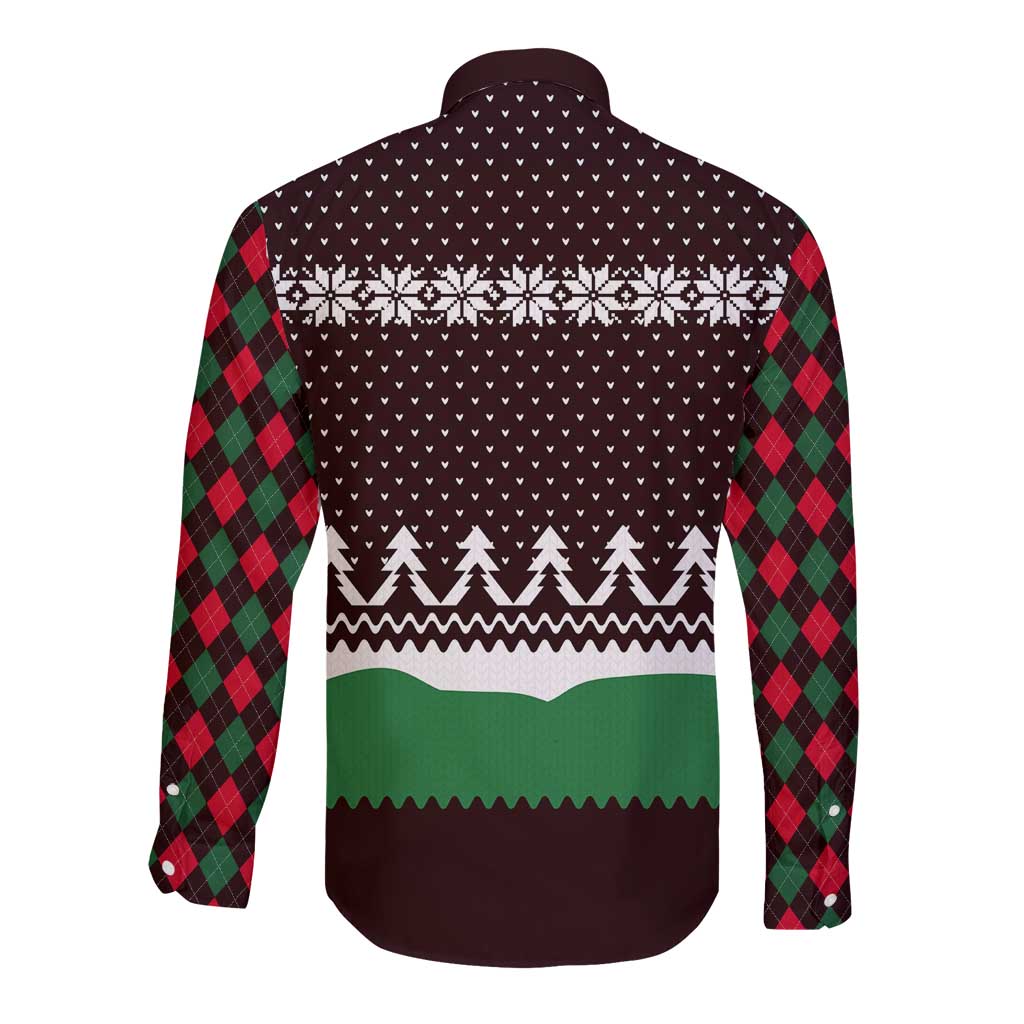 Christmas Golf Long Sleeve Button Shirt with Elf Golfer Argyle Plaid and Snowflake Pattern - Wonder Print Shop