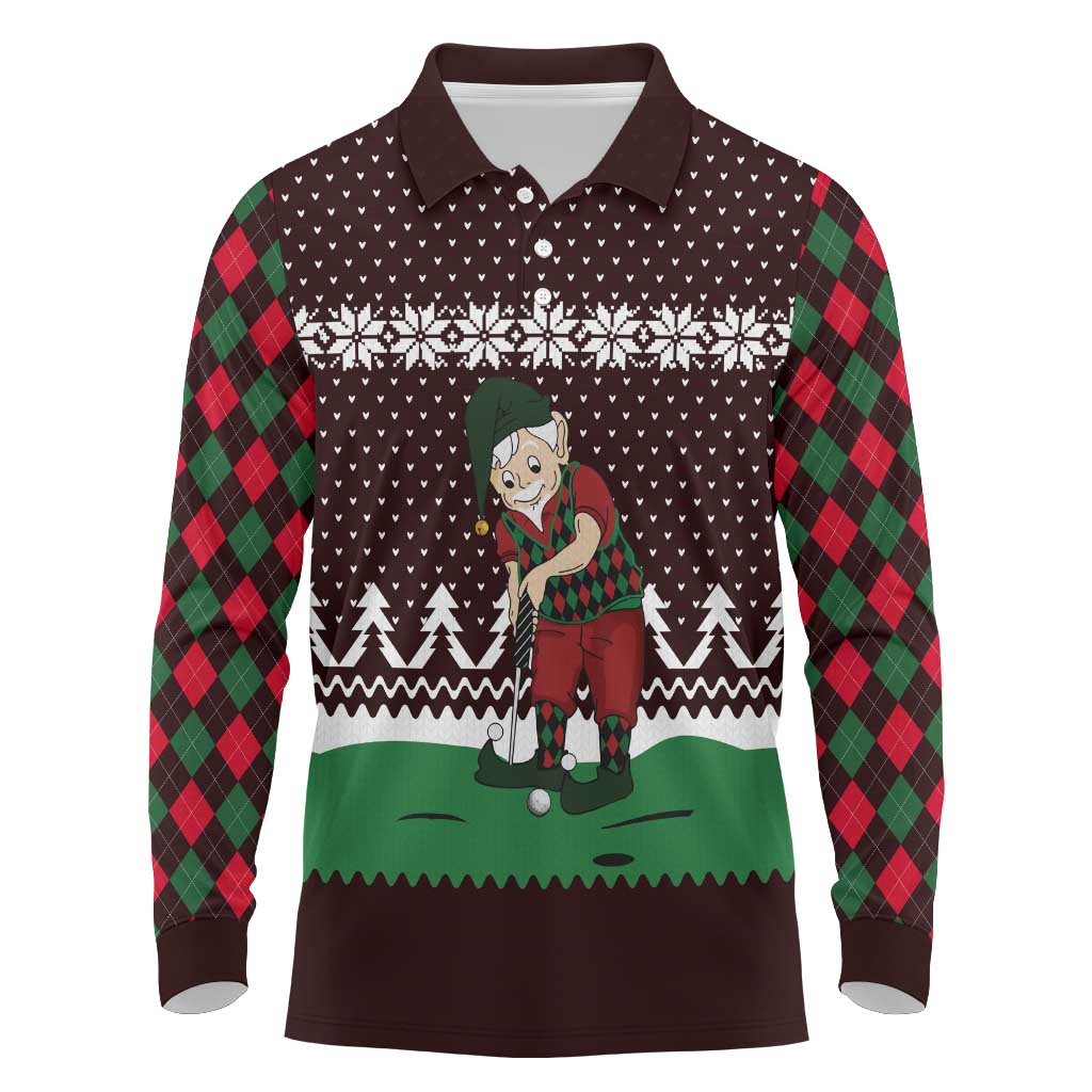 Christmas Golf Long Sleeve Polo Shirt with Elf Golfer Argyle Plaid and Snowflake Pattern - Wonder Print Shop
