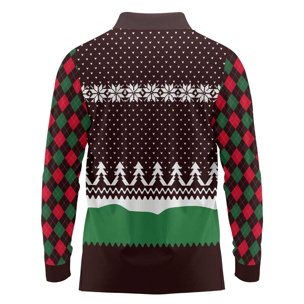 Christmas Golf Long Sleeve Polo Shirt with Elf Golfer Argyle Plaid and Snowflake Pattern - Wonder Print Shop