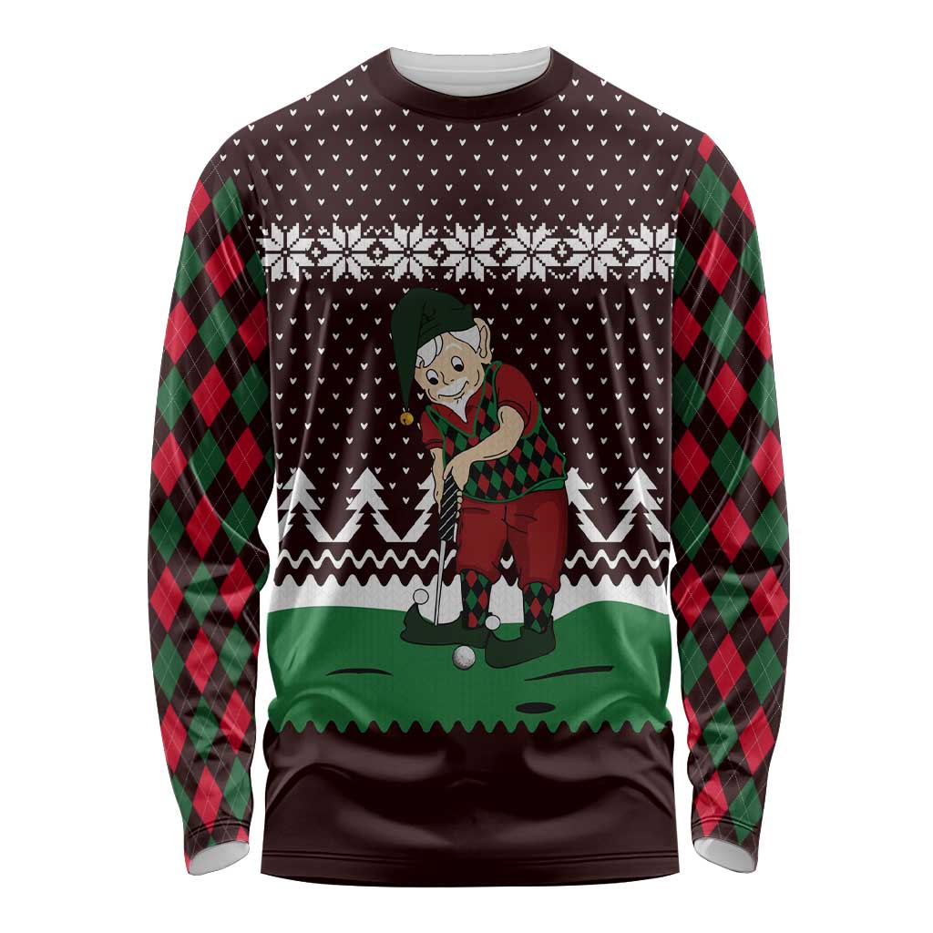 Christmas Golf Long Sleeve Shirt with Elf Golfer Argyle Plaid and Snowflake Pattern - Wonder Print Shop