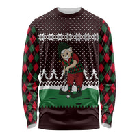Christmas Golf Long Sleeve Shirt with Elf Golfer Argyle Plaid and Snowflake Pattern - Wonder Print Shop