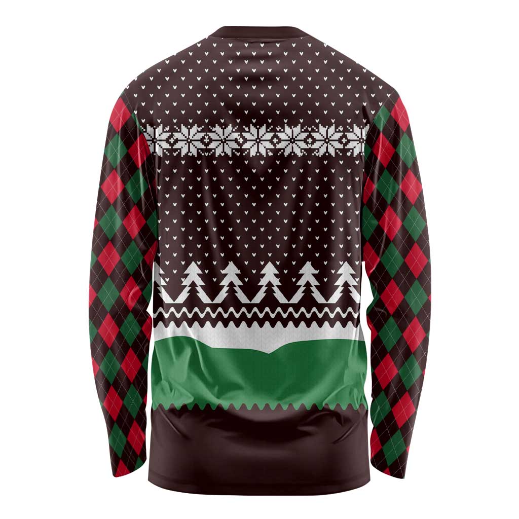 Christmas Golf Long Sleeve Shirt with Elf Golfer Argyle Plaid and Snowflake Pattern - Wonder Print Shop