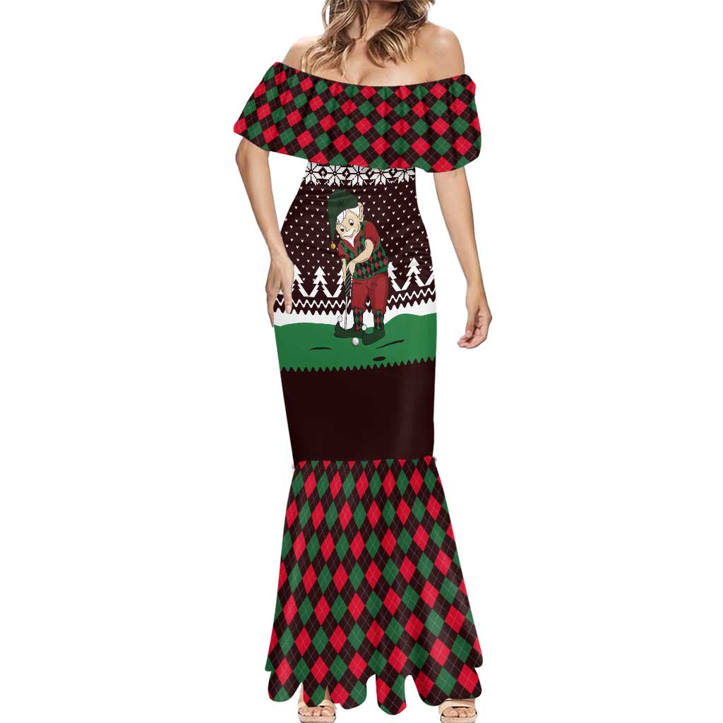Christmas Golf Mermaid Dress with Elf Golfer Argyle Plaid and Snowflake Pattern - Wonder Print Shop