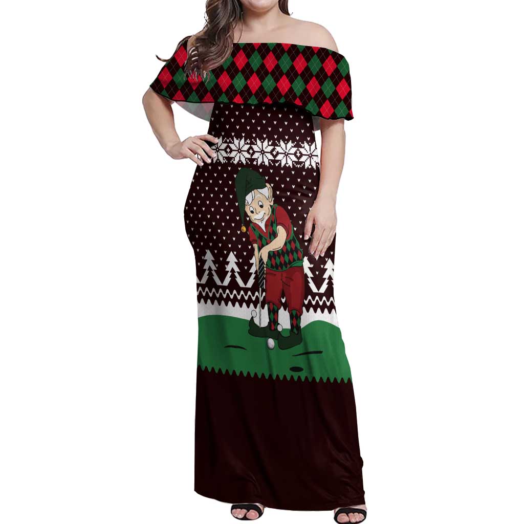 Christmas Golf Off Shoulder Maxi Dress with Elf Golfer Argyle Plaid and Snowflake Pattern - Wonder Print Shop