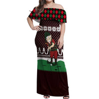 Christmas Golf Off Shoulder Maxi Dress with Elf Golfer Argyle Plaid and Snowflake Pattern - Wonder Print Shop