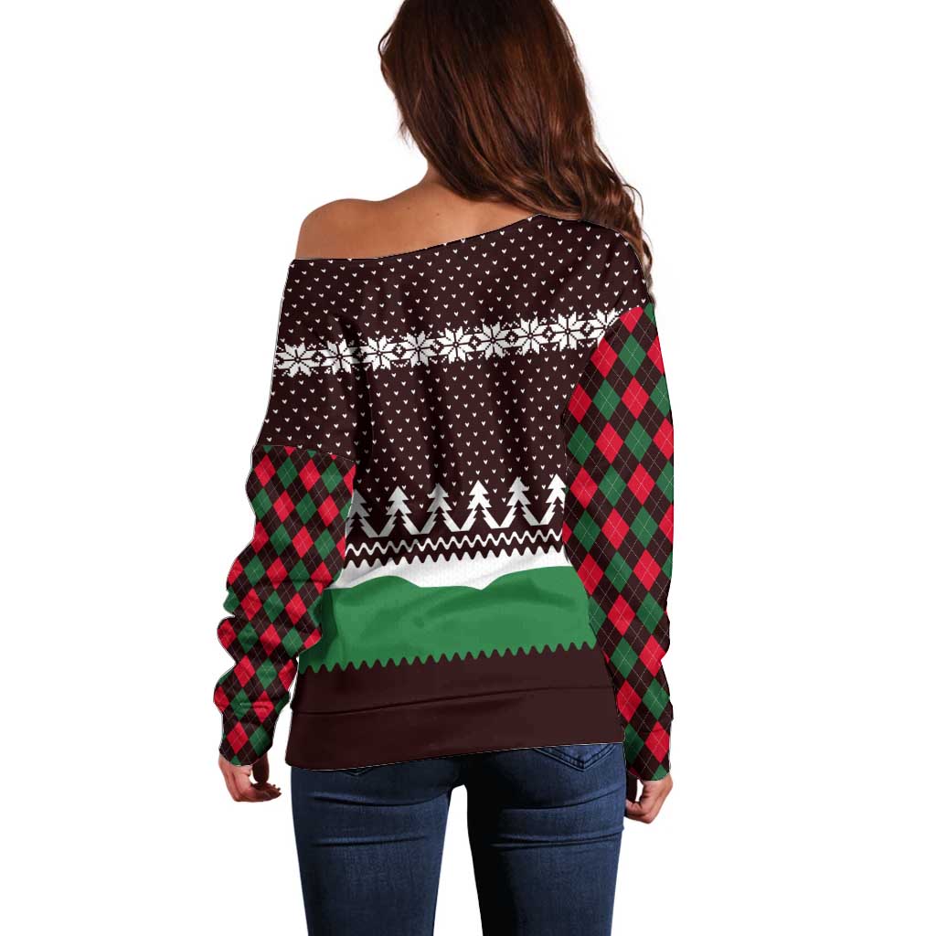 Christmas Golf Off Shoulder Sweater with Elf Golfer Argyle Plaid and Snowflake Pattern - Wonder Print Shop