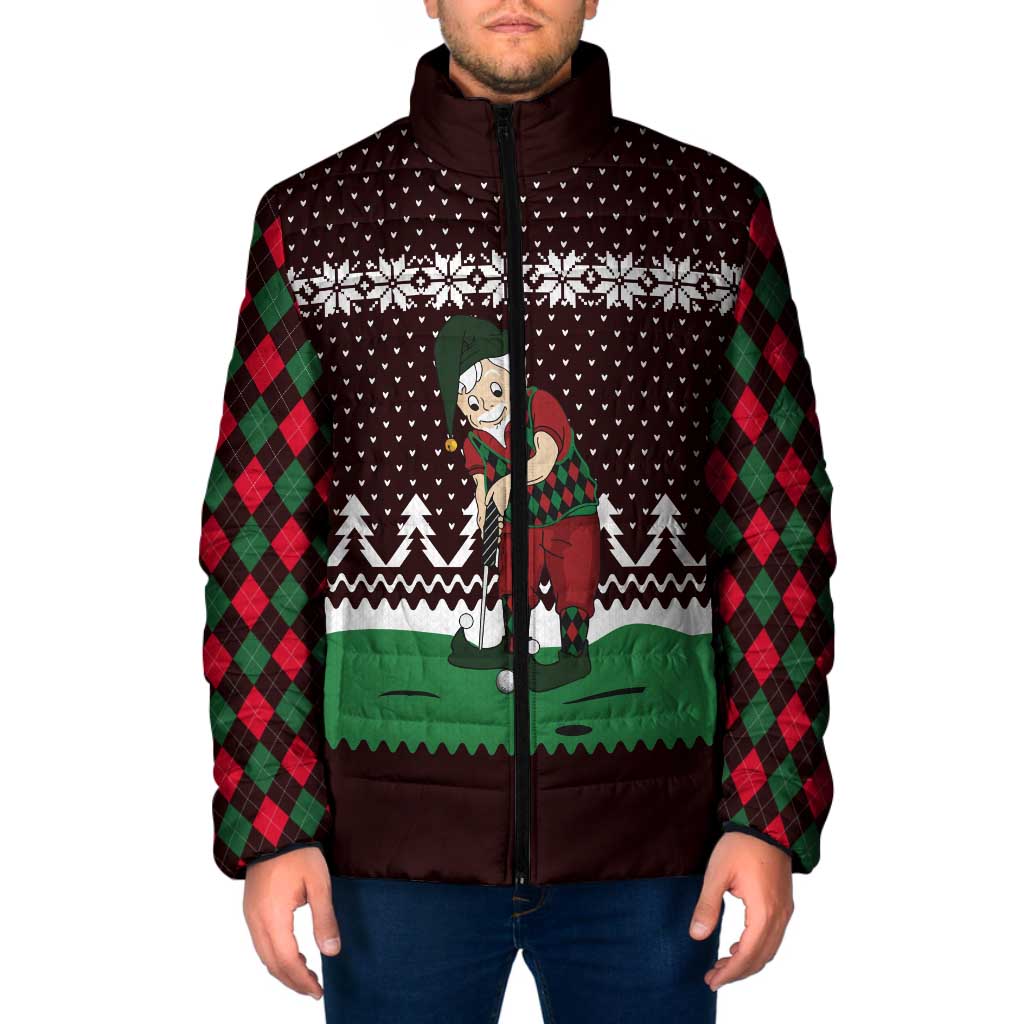 Christmas Golf Padded Jacket with Elf Golfer Argyle Plaid and Snowflake Pattern - Wonder Print Shop