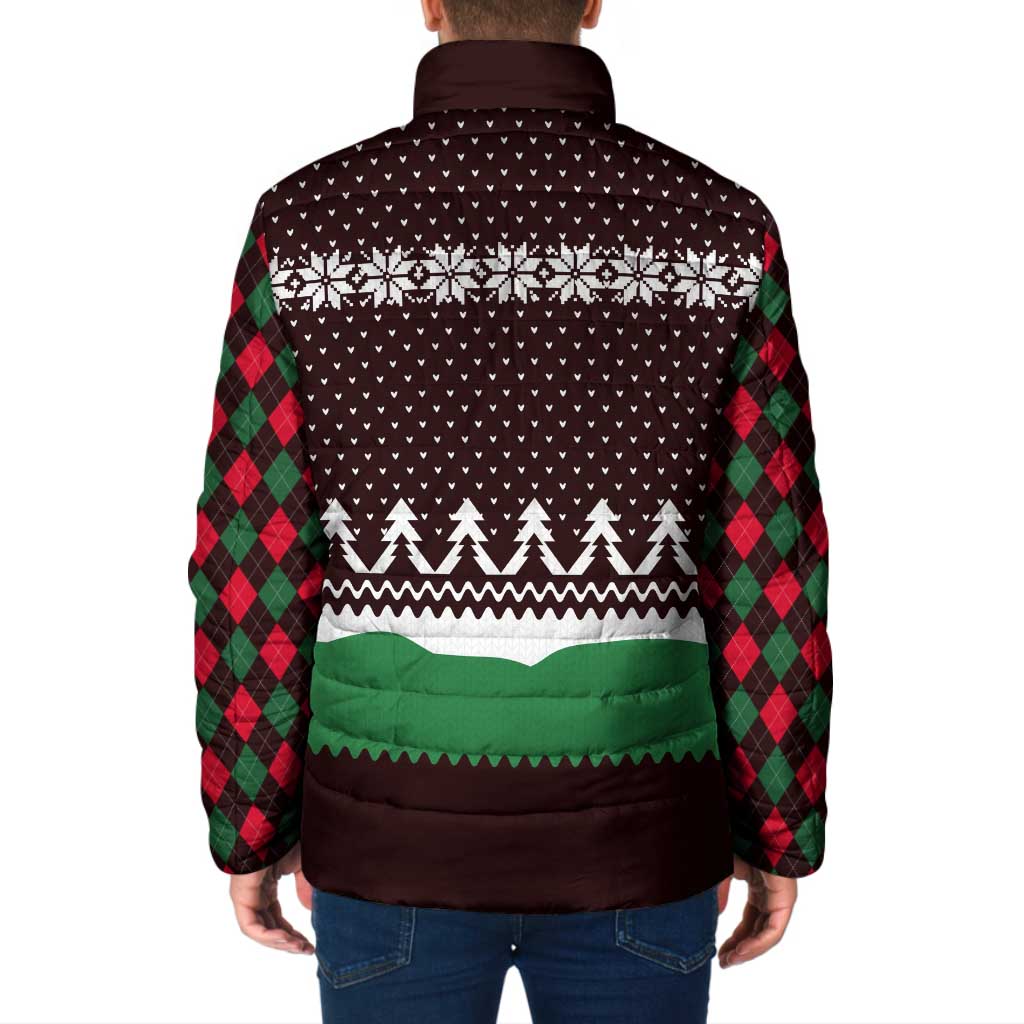 Christmas Golf Padded Jacket with Elf Golfer Argyle Plaid and Snowflake Pattern - Wonder Print Shop