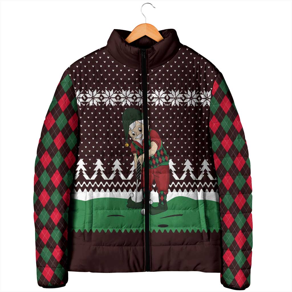 Christmas Golf Padded Jacket with Elf Golfer Argyle Plaid and Snowflake Pattern - Wonder Print Shop