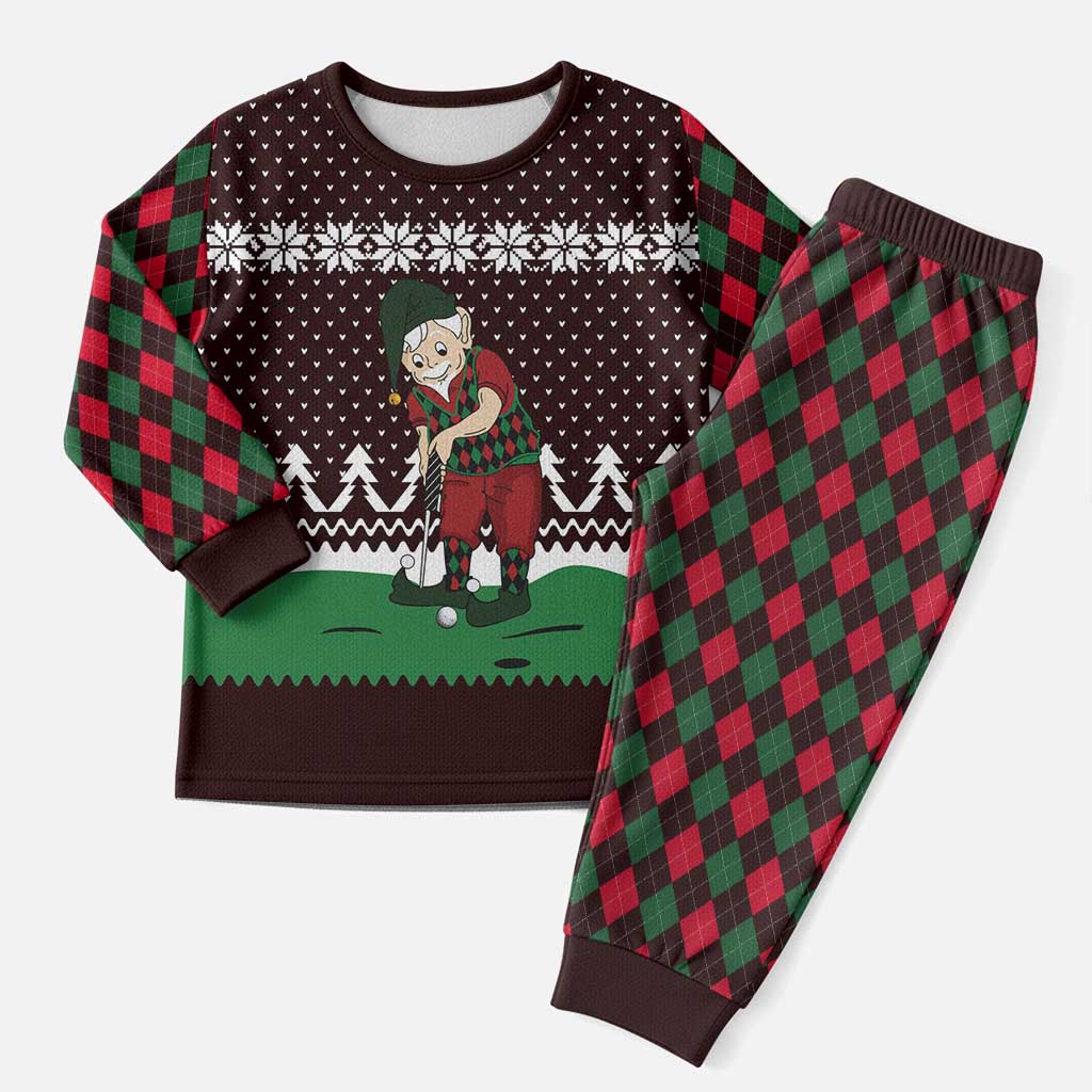 Christmas Golf Christmas Pajama Set with Elf Golfer Argyle Plaid and Snowflake Pattern - Wonder Print Shop