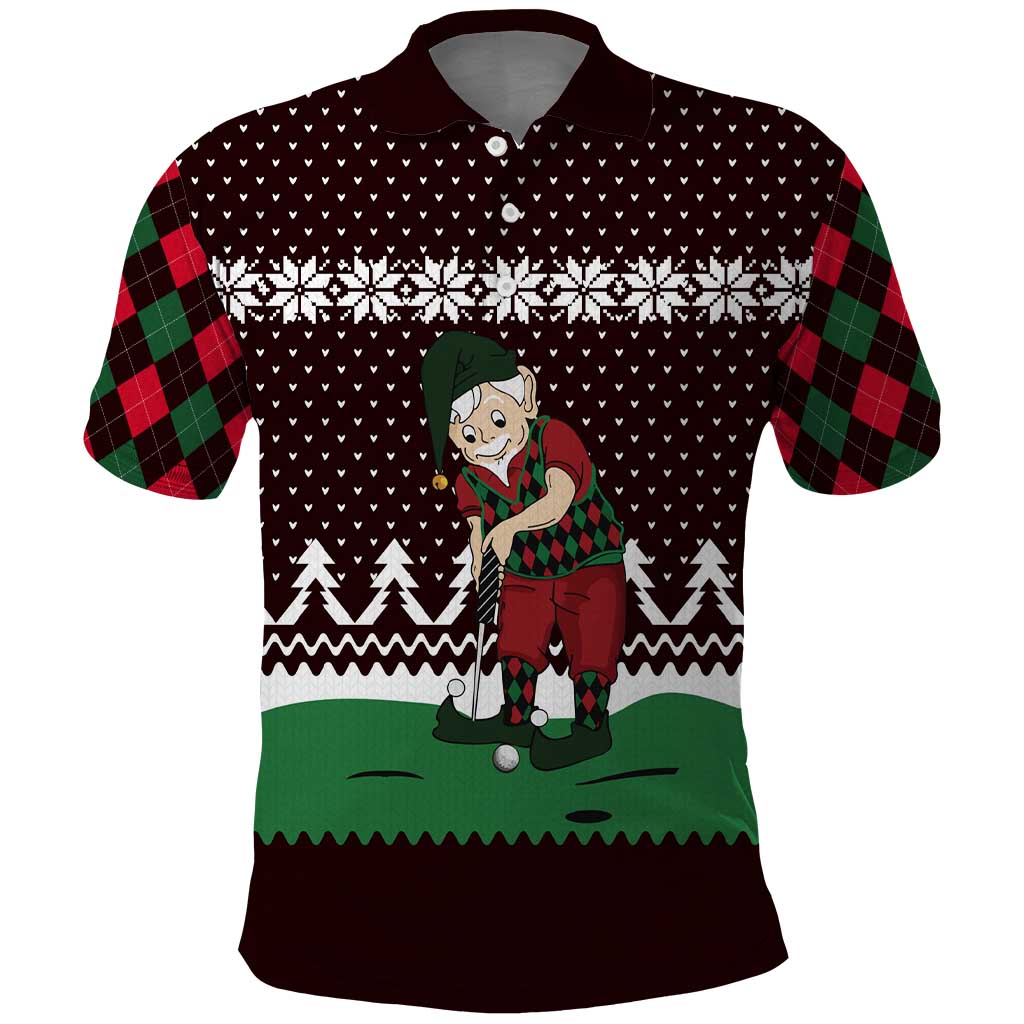 Christmas Golf Polo Shirt with Elf Golfer Argyle Plaid and Snowflake Pattern - Wonder Print Shop