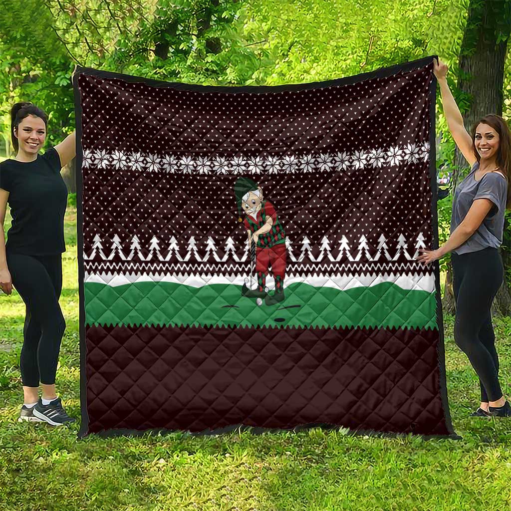 Christmas Golf Quilt with Elf Golfer Argyle Plaid and Snowflake Pattern - Wonder Print Shop