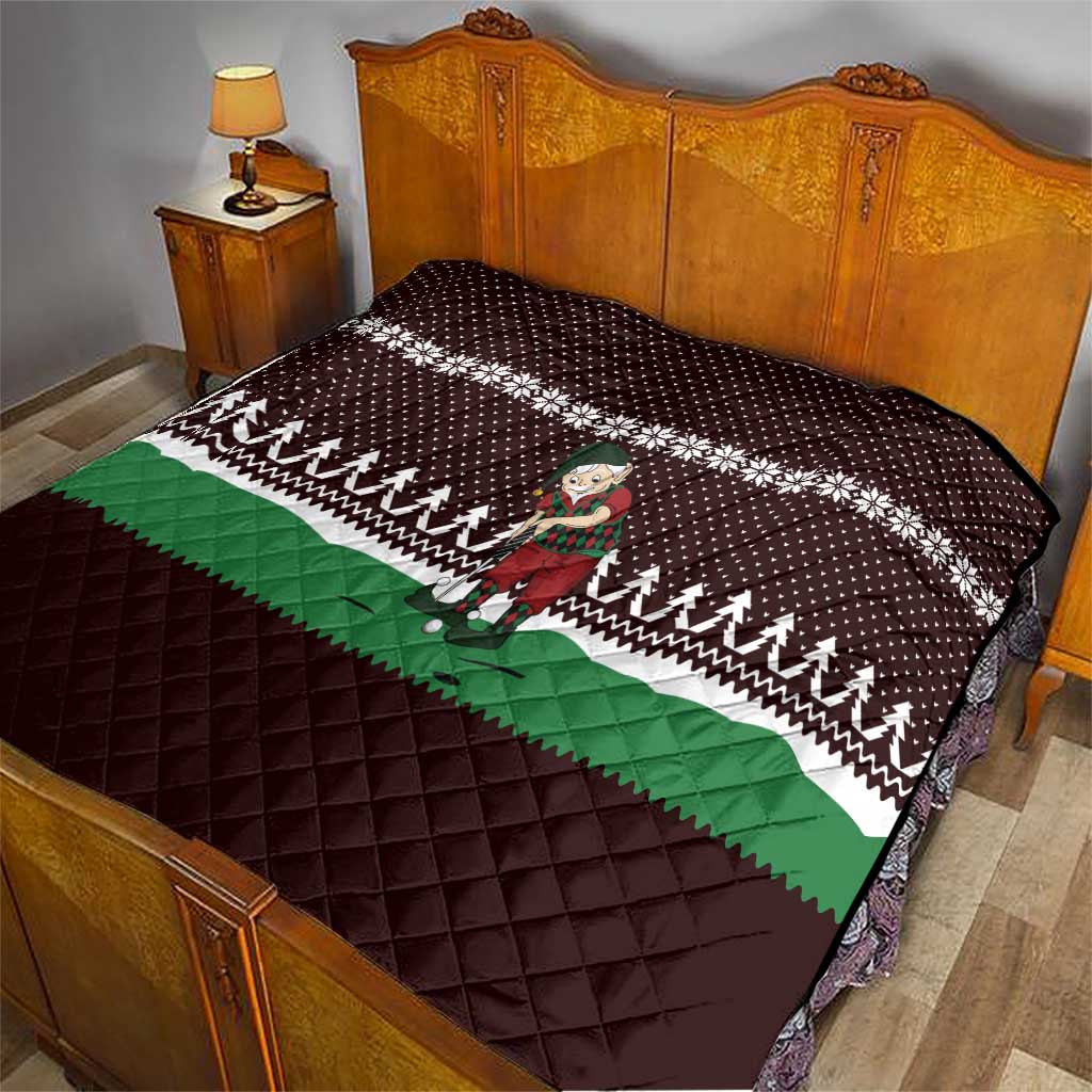 Christmas Golf Quilt with Elf Golfer Argyle Plaid and Snowflake Pattern - Wonder Print Shop