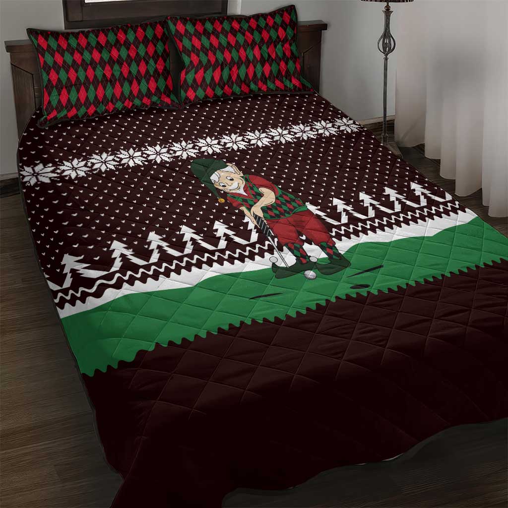 Christmas Golf Quilt Bed Set with Elf Golfer Argyle Plaid and Snowflake Pattern - Wonder Print Shop