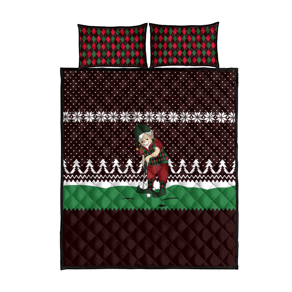 Christmas Golf Quilt Bed Set with Elf Golfer Argyle Plaid and Snowflake Pattern - Wonder Print Shop