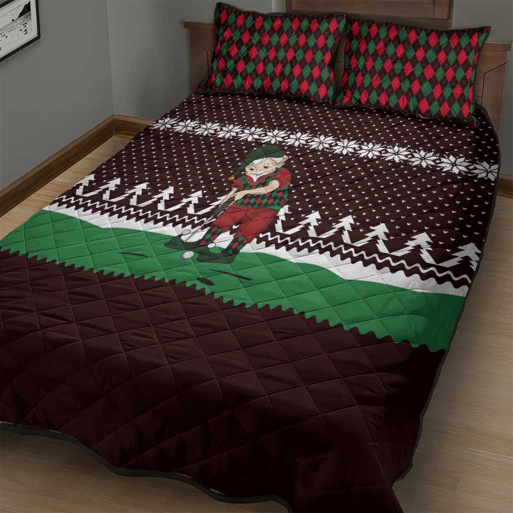 Christmas Golf Quilt Bed Set with Elf Golfer Argyle Plaid and Snowflake Pattern - Wonder Print Shop