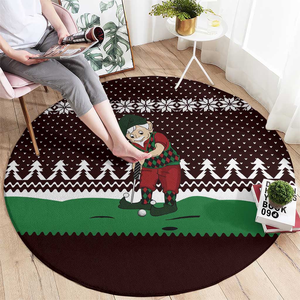 Christmas Golf Round Carpet with Elf Golfer Argyle Plaid and Snowflake Pattern - Wonder Print Shop