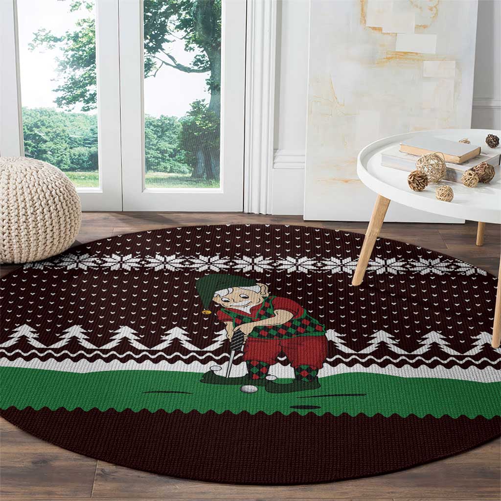 Christmas Golf Round Carpet with Elf Golfer Argyle Plaid and Snowflake Pattern - Wonder Print Shop