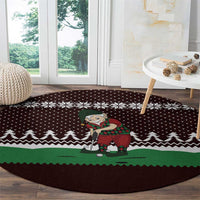 Christmas Golf Round Carpet with Elf Golfer Argyle Plaid and Snowflake Pattern - Wonder Print Shop