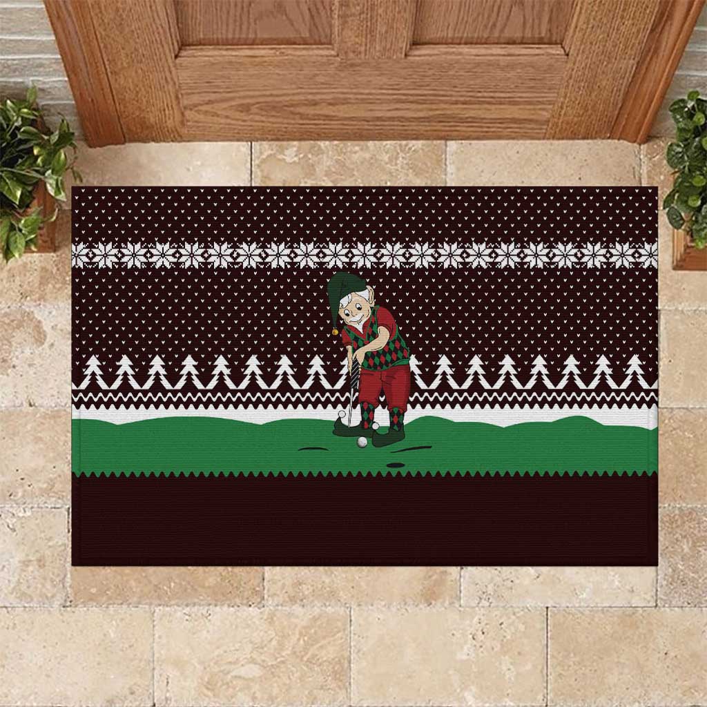 Christmas Golf Rubber Doormat with Elf Golfer Argyle Plaid and Snowflake Pattern - Wonder Print Shop