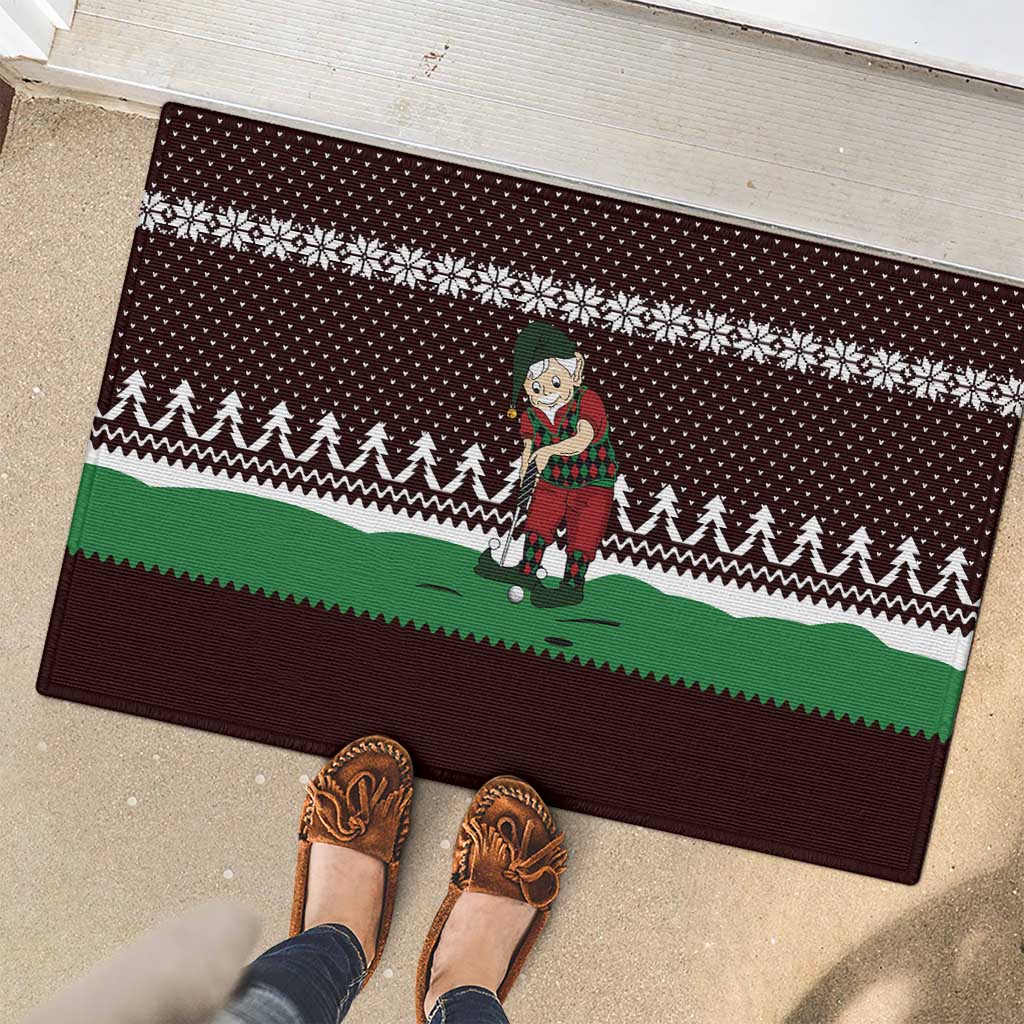 Christmas Golf Rubber Doormat with Elf Golfer Argyle Plaid and Snowflake Pattern - Wonder Print Shop