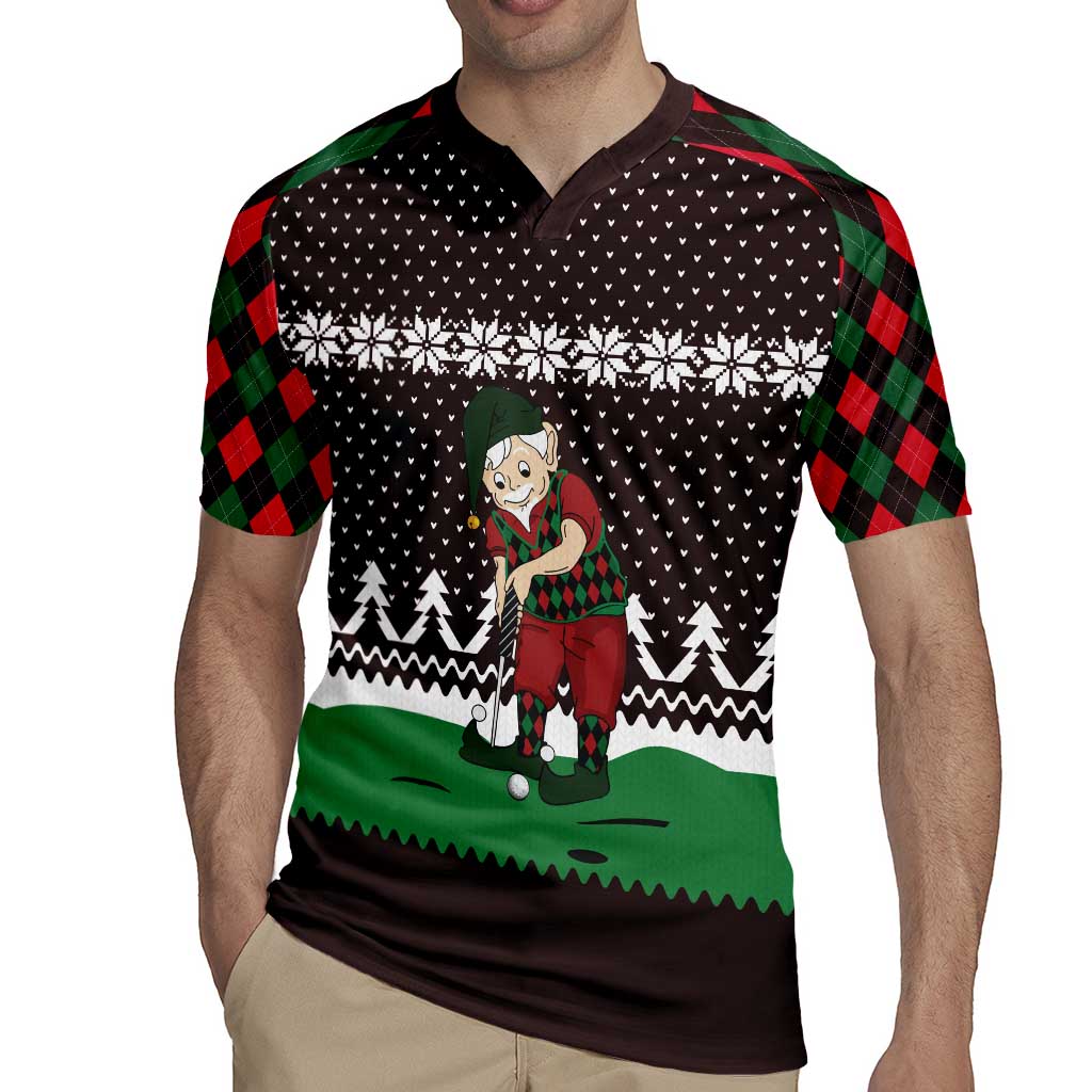 Christmas Golf Rugby Jersey with Elf Golfer Argyle Plaid and Snowflake Pattern - Wonder Print Shop