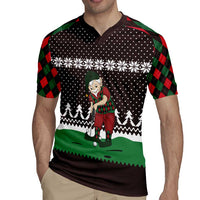 Christmas Golf Rugby Jersey with Elf Golfer Argyle Plaid and Snowflake Pattern - Wonder Print Shop