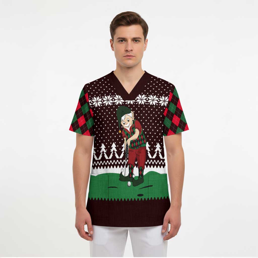 Christmas Golf Scrub Top with Elf Golfer Argyle Plaid and Snowflake Pattern - Wonder Print Shop