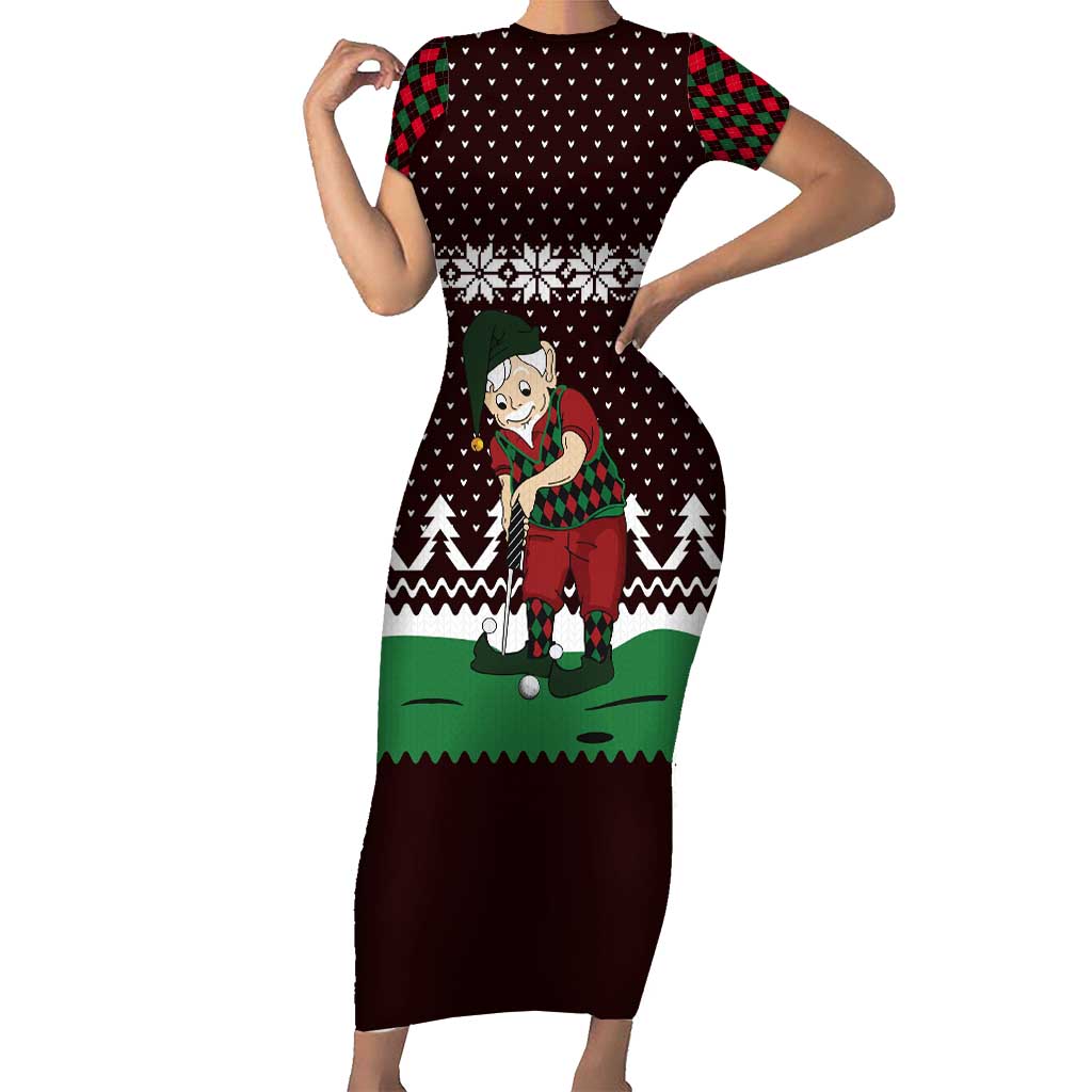 Christmas Golf Short Sleeve Bodycon Dress with Elf Golfer Argyle Plaid and Snowflake Pattern - Wonder Print Shop